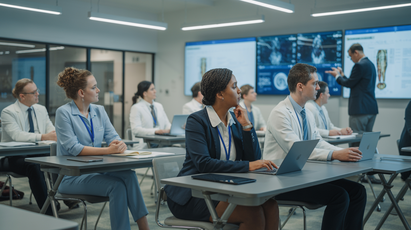Professional health training session with diverse health professionals and digital learning screens